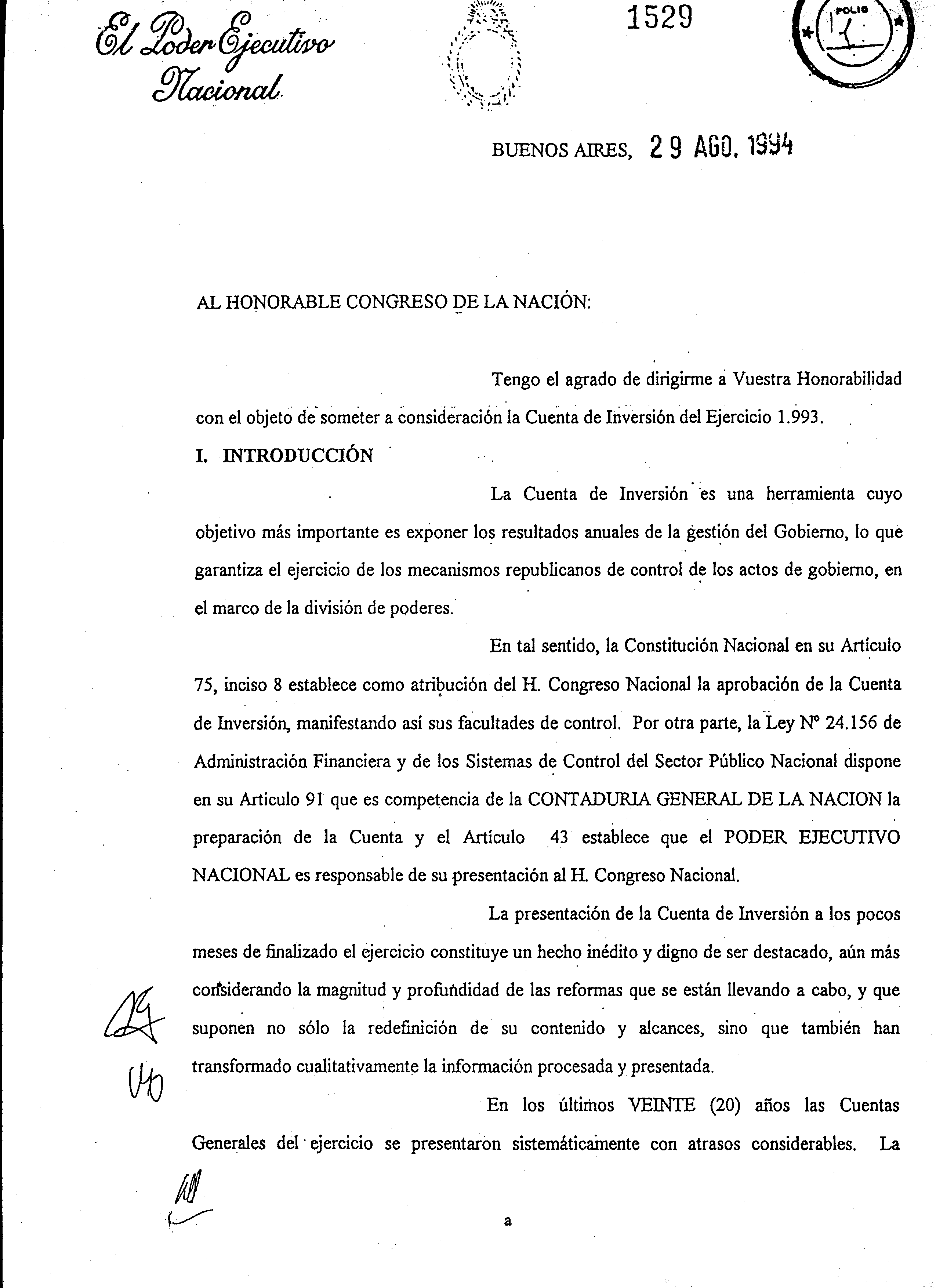 Foja 1 del Mensaje Original elevado al Honorable Congreso de la Naci�n