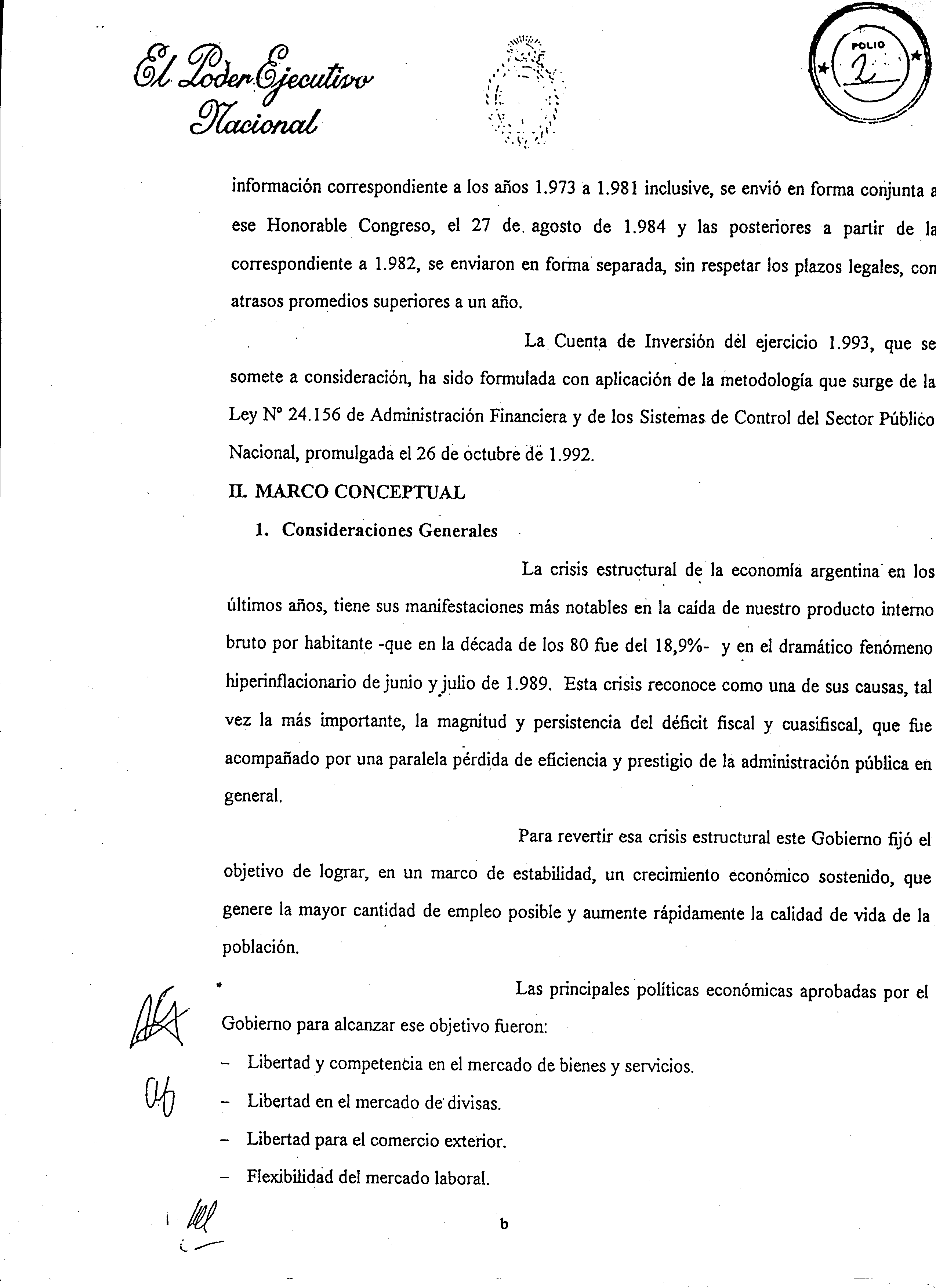 Foja 2 del Mensaje Original elevado al Honorable Congreso de la Naci�n