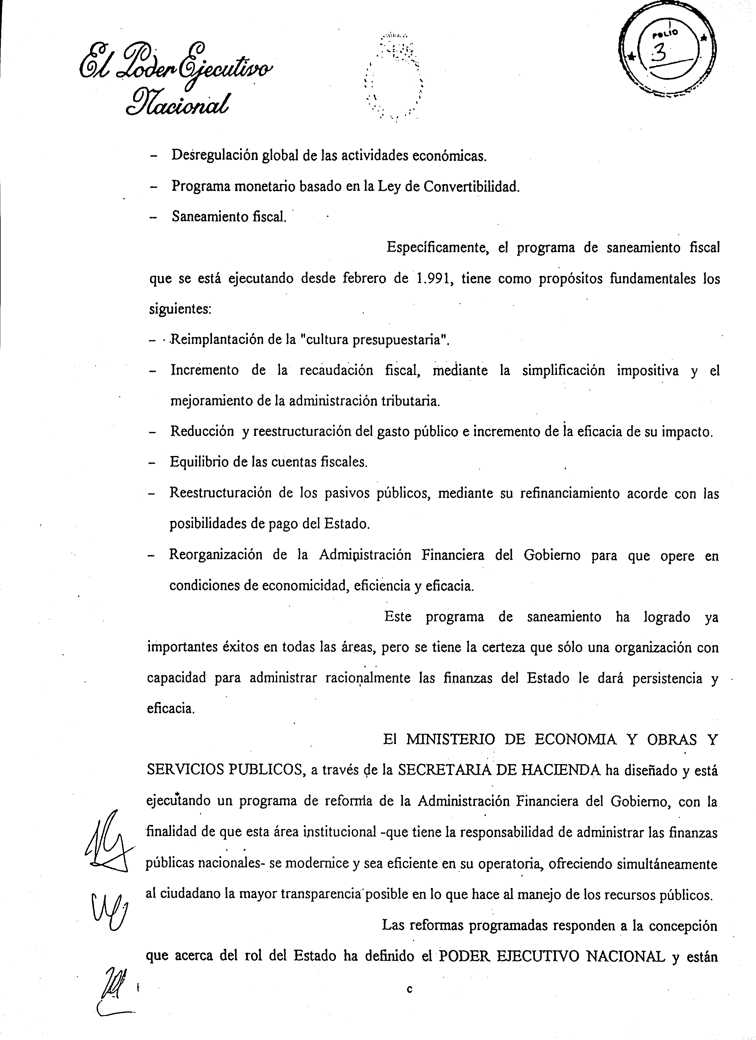 Foja 3 del Mensaje Original elevado al Honorable Congreso de la Naci�n
