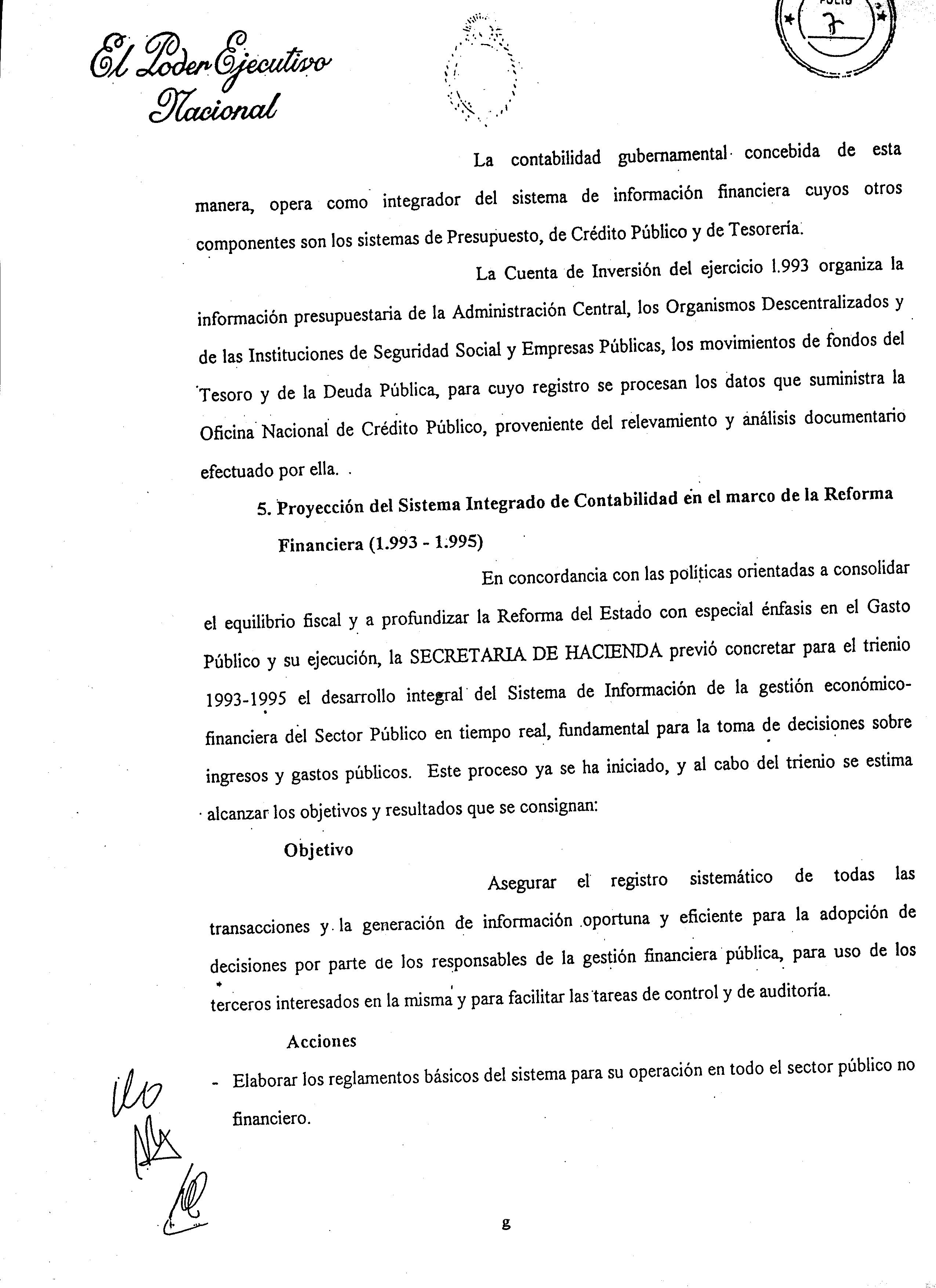 Foja 7 del Mensaje Original elevado al Honorable Congreso de la Naci�n