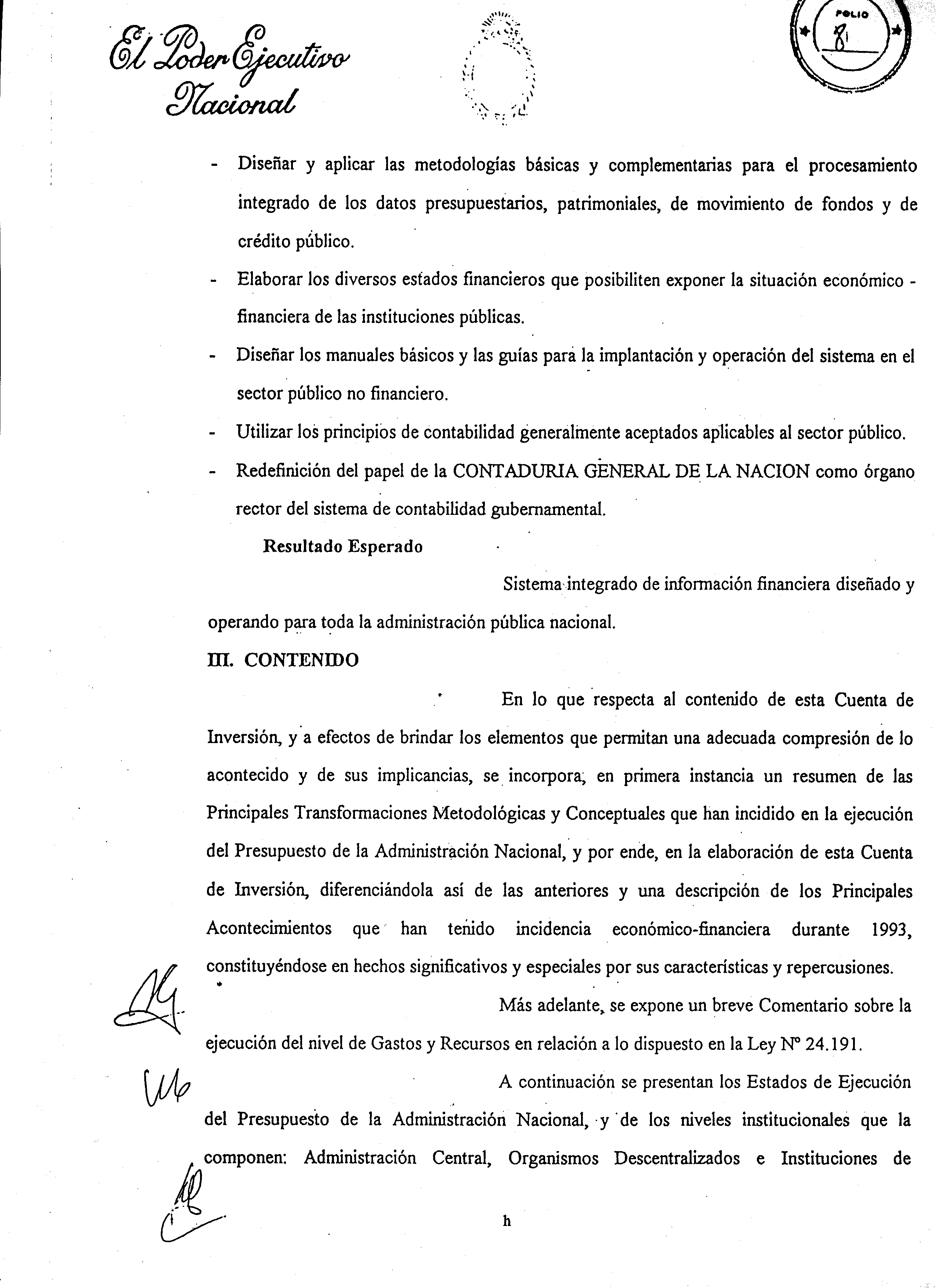 Foja 8 del Mensaje Original elevado al Honorable Congreso de la Naci�n