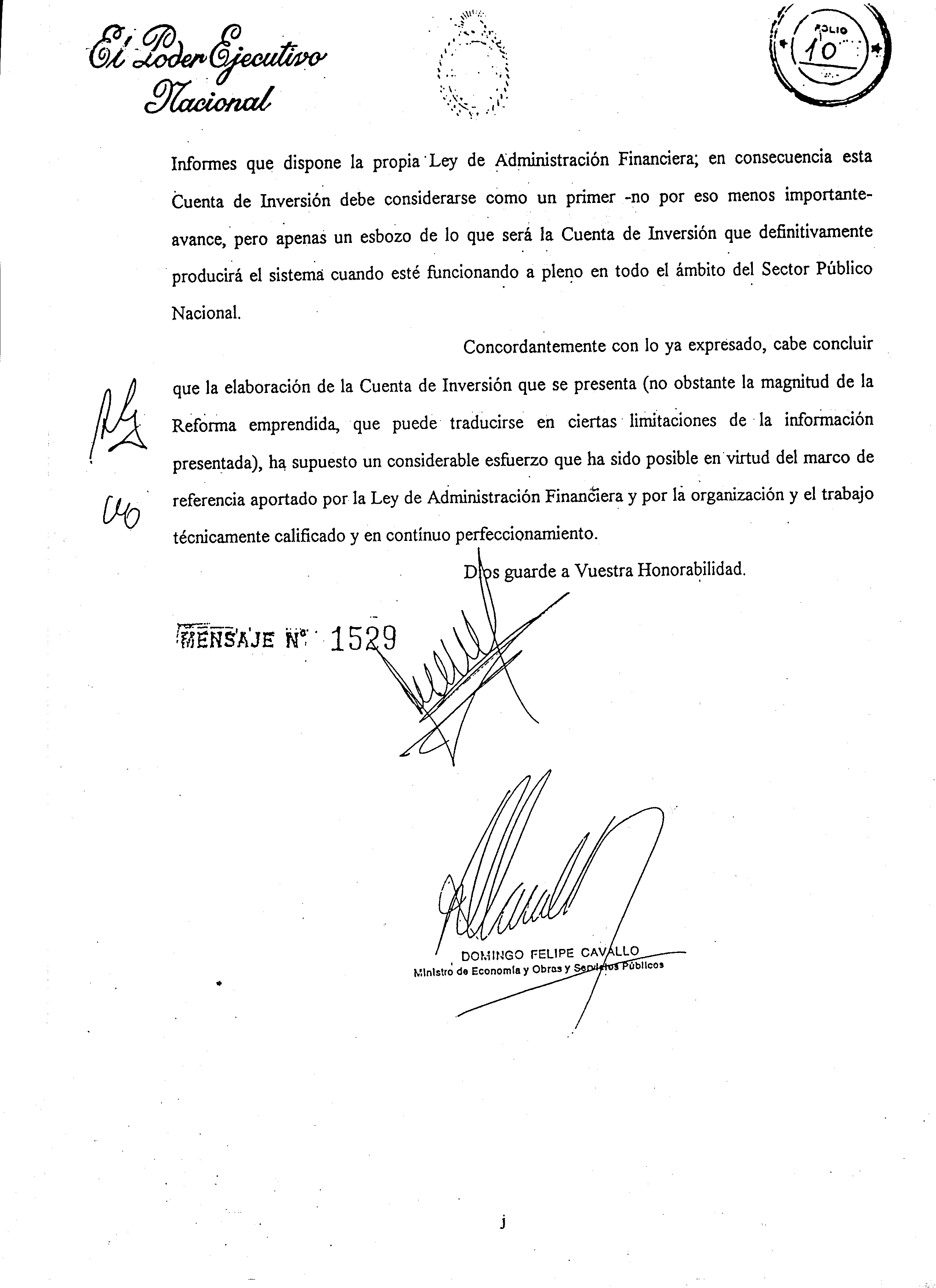 Foja 10 del Mensaje Original elevado al Honorable Congreso de la Naci�n